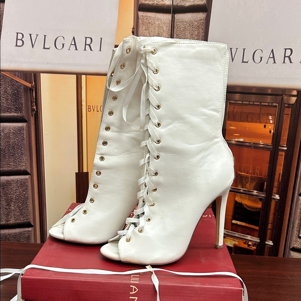 Liliana White Lace-Up Stiletto Boots